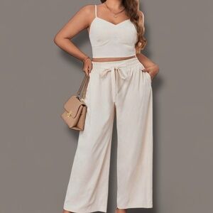 SHEIN Essnce Plus Solid Cami Top & Belted Wide Leg Pants